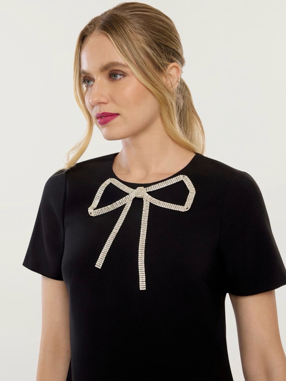 Likely Black Short-Sleeve Dress with Crystal Bow Accent